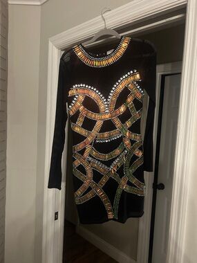 ASOS Black Long-Sleeve Beaded Bodycon Dress with Gold & Green Accents